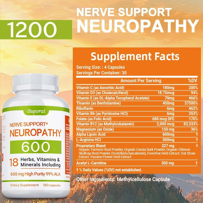 Suplemento para el apoyo de la neuropatía 600mg - Apoya el sistema nervioso, alivia el estrés, promueve la función cerebral y aumenta la energía