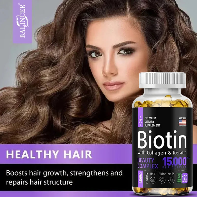 Suplemento de biotina - 15,000 mcg con colágeno y queratina, para cabello, piel y uñas, salud articular