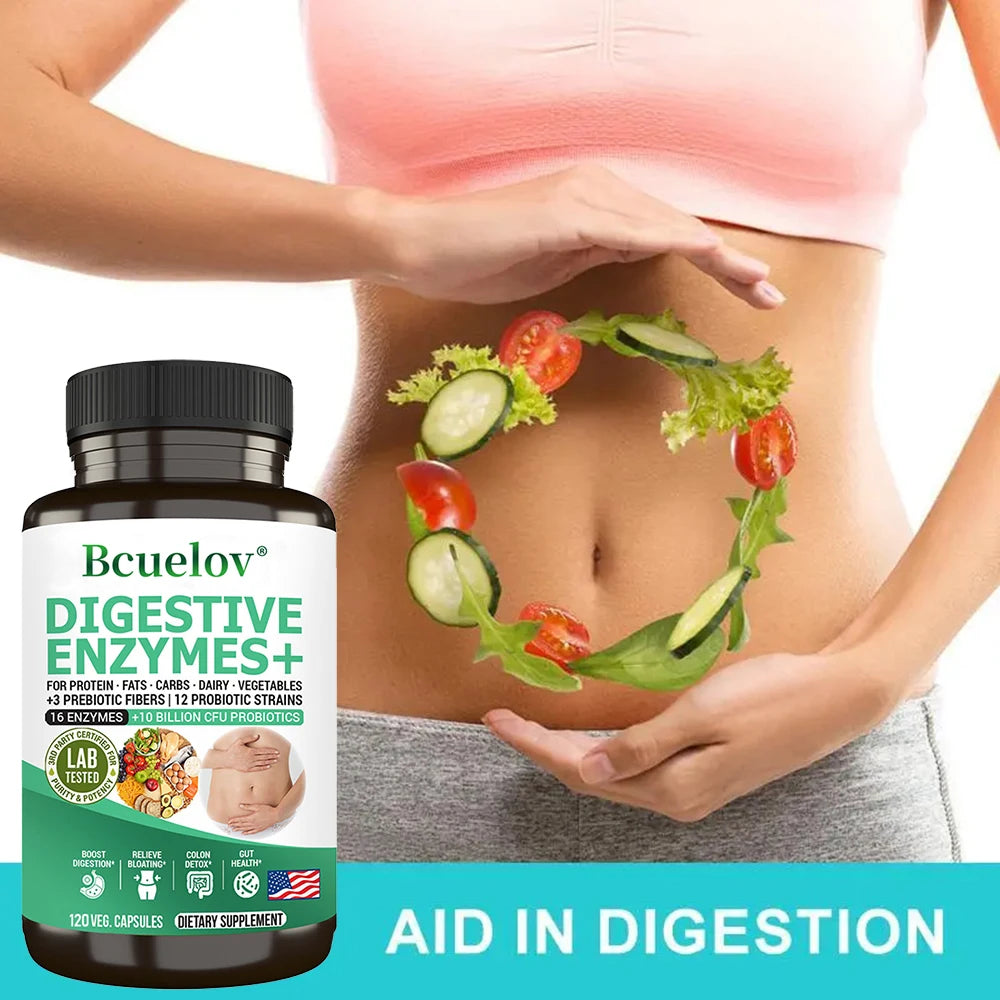 Suplemento de enzimas digestivas - 3 prebióticos, 12 probióticos, 10 mil millones de UFC - Digestión, absorción de nutrientes, desintoxicación del colon