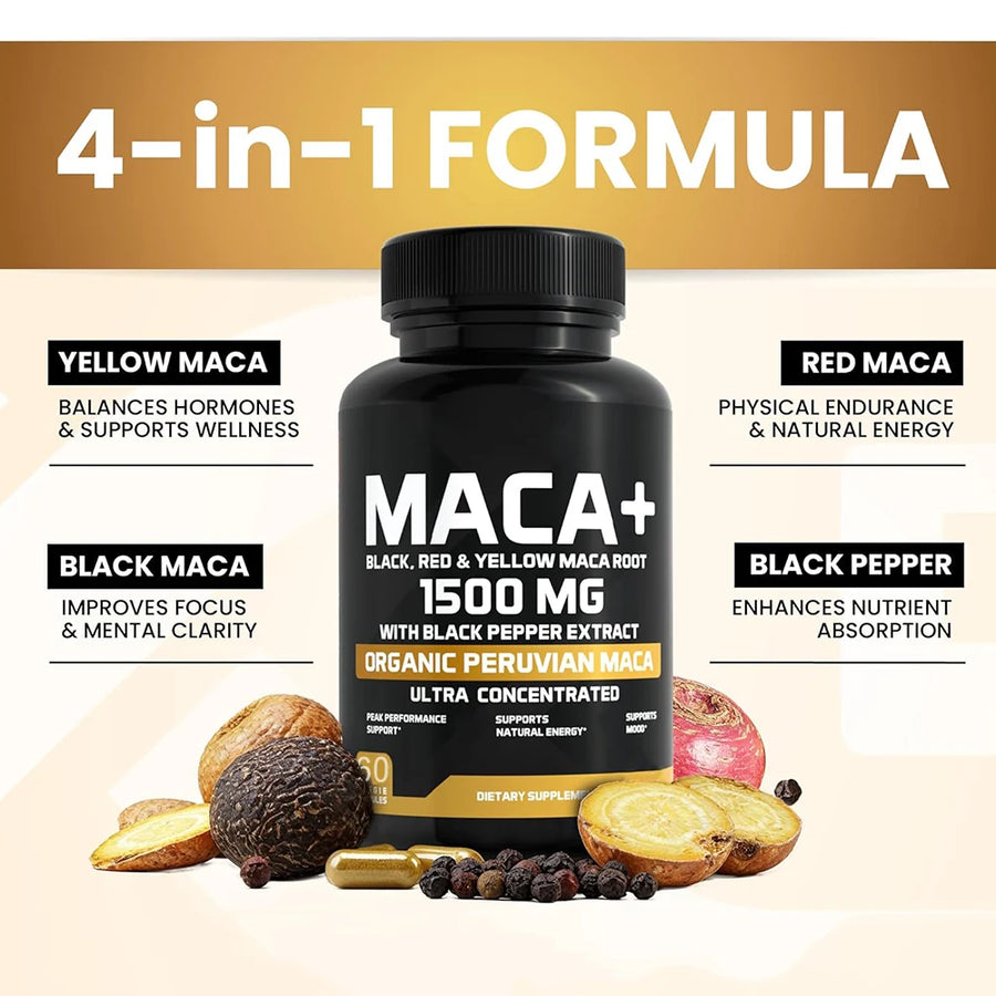 Cápsulas de Maca Orgánica en Polvo 1500mg con Maca Peruana Negra+Roja+Amarilla para Hombres y Mujeres - Cápsulas Veganas