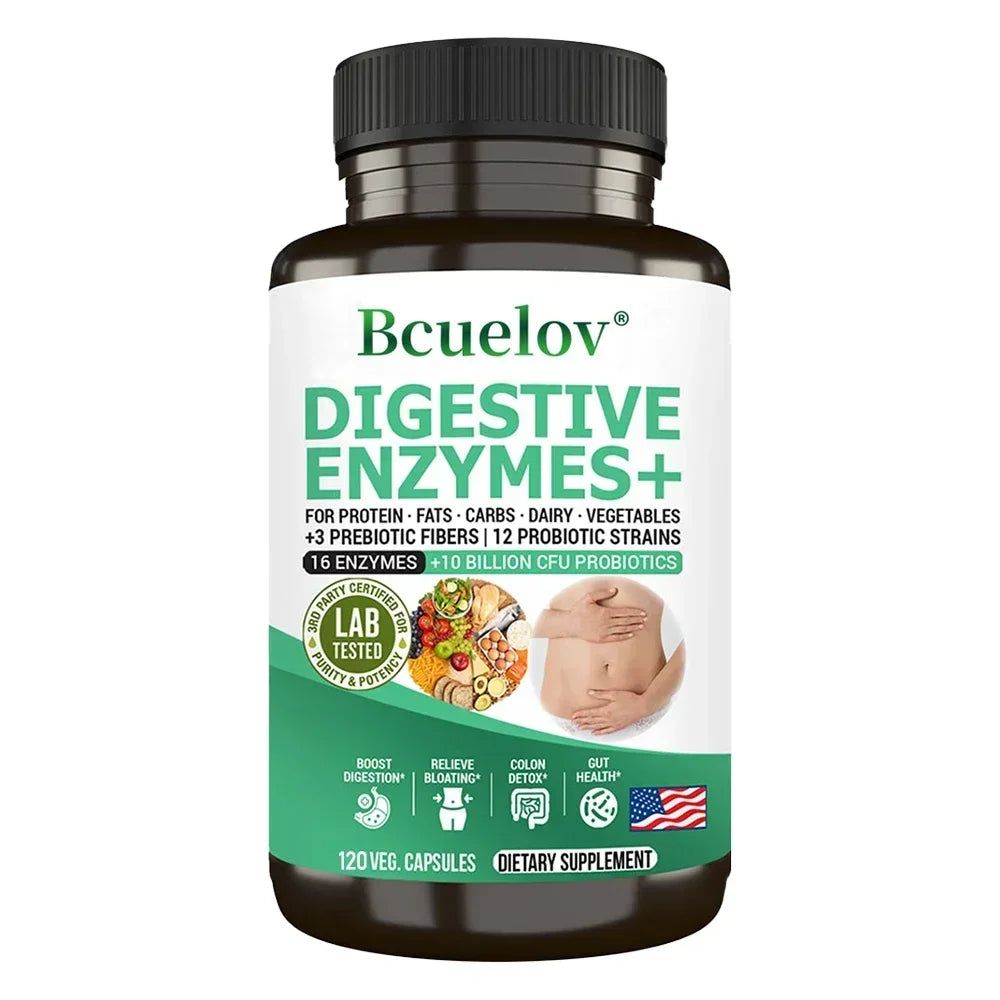 Suplemento de enzimas digestivas - 3 prebióticos, 12 probióticos, 10 mil millones de UFC - Digestión, absorción de nutrientes, desintoxicación del colon
