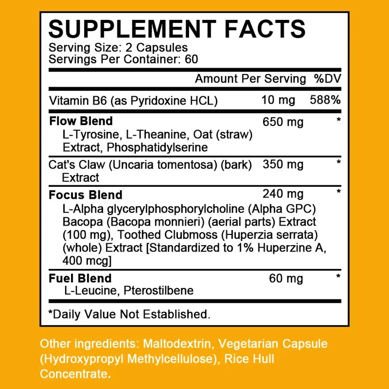 Suplemento cerebral Alpha Brain Nootropics para hombres y mujeres - Memoria, Claridad Mental y Cognición con Vitamina B6, Cápsulas para el Enfoque