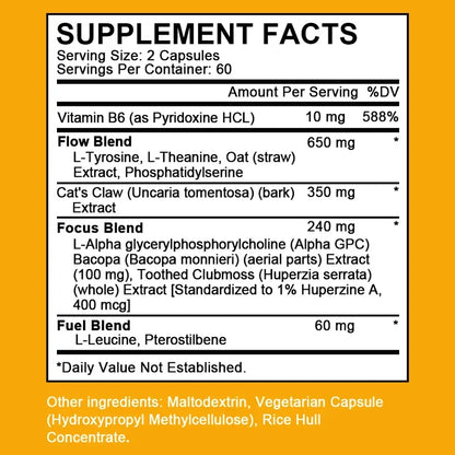 Suplemento cerebral Alpha Brain Nootropics para hombres y mujeres - Memoria, Claridad Mental y Cognición con Vitamina B6, Cápsulas para el Enfoque