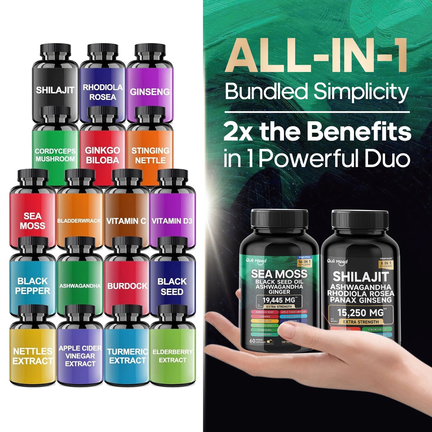 Sea Moss and Shilajit |High Potency Vitality Combo - Ashwagandha Turmeric Bladder, Burdock 2000 Mg  & Ginger, Vitamin C