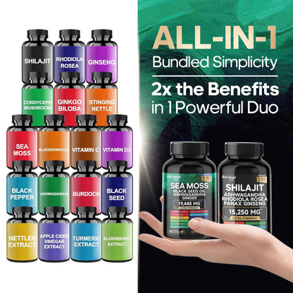 Sea Moss and Shilajit |High Potency Vitality Combo - Ashwagandha Turmeric Bladder, Burdock 2000 Mg  & Ginger, Vitamin C