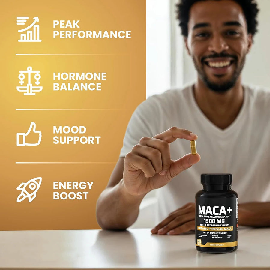 Cápsulas de Maca Orgánica en Polvo 1500mg con Maca Peruana Negra+Roja+Amarilla para Hombres y Mujeres - Cápsulas Veganas