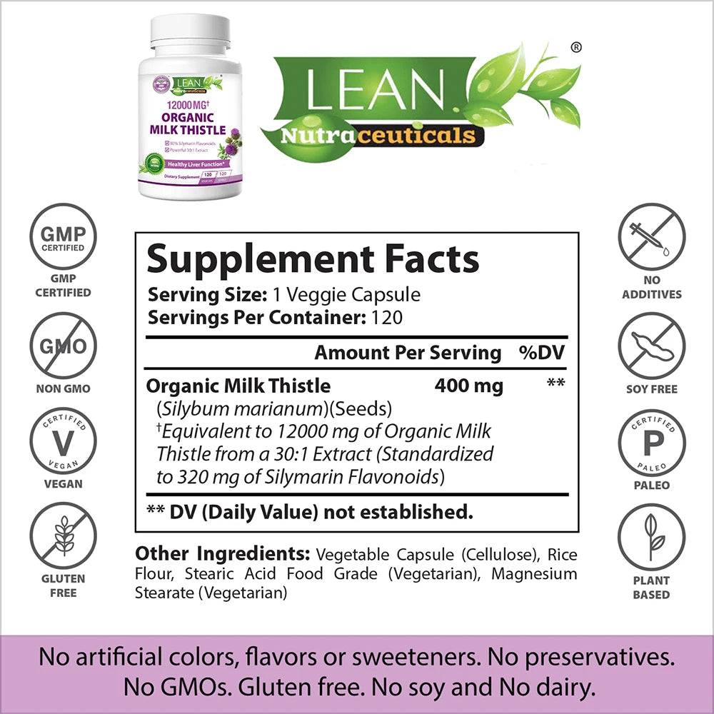 Liver Cleanse Detox & Repair Support Organic Supplement w/ Milk Thistle,  12000 Mg 30X Seed Extract with Silymarin, 120 Capsules