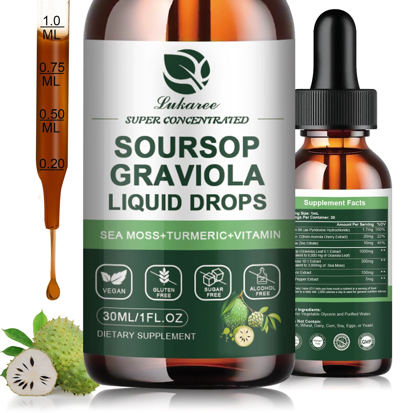 Gotas de extracto de guanábana Graviola que apoyan la inmunidad y la digestión, la salud del metabolismo, la desintoxicación y la antioxidación, sin gluten, 30 ml