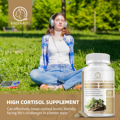 10-in-1 Cortisol Balance Supplements w/ KSM-66, Ashwagandha, L-Theanine, Magnesium Glycinate, Phosphatidylserine, Saffron, Turmeric, & more - Non GMO