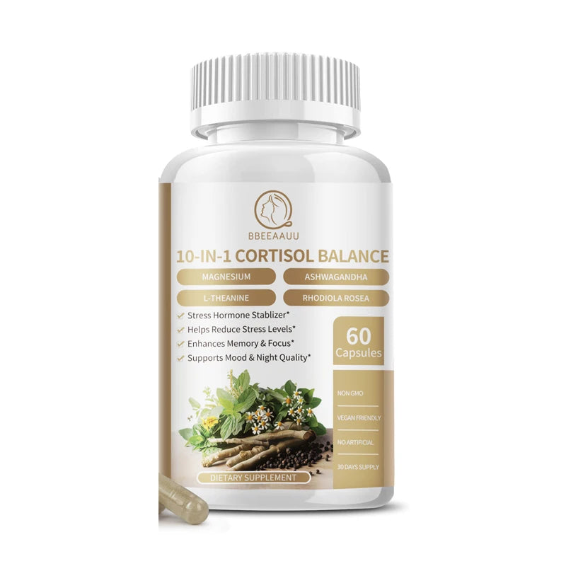 10-in-1 Cortisol Balance Supplements w/ KSM-66, Ashwagandha, L-Theanine, Magnesium Glycinate, Phosphatidylserine, Saffron, Turmeric, & more - Non GMO