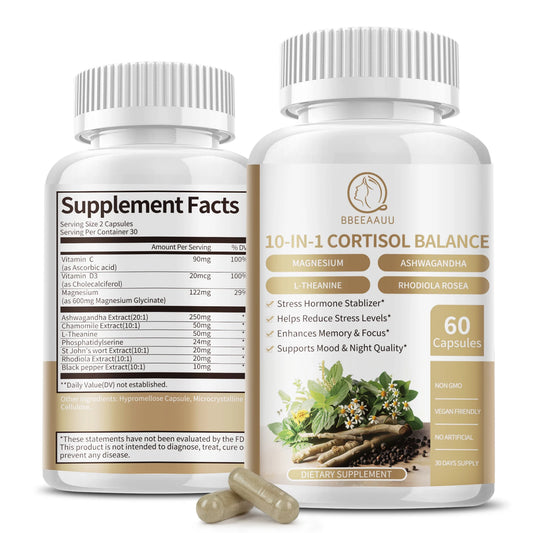 10-in-1 Cortisol Balance Supplements w/ KSM-66, Ashwagandha, L-Theanine, Magnesium Glycinate, Phosphatidylserine, Saffron, Turmeric, & more - Non GMO