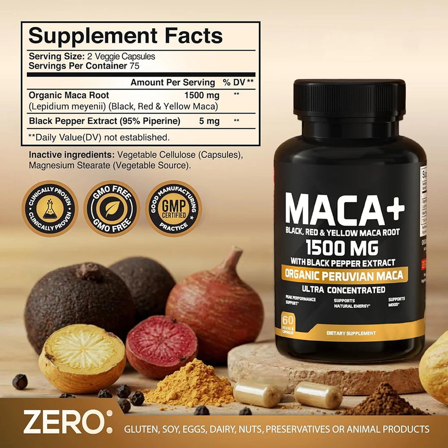 Cápsulas de Maca Orgánica en Polvo 1500mg con Maca Peruana Negra+Roja+Amarilla para Hombres y Mujeres - Cápsulas Veganas