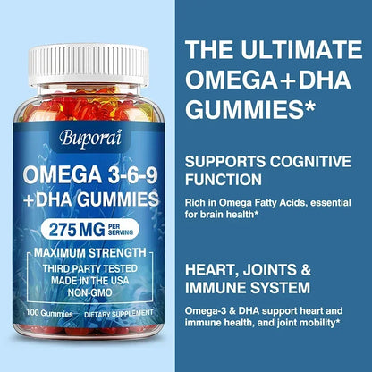 Omega 3 6 9 + DHA Gummies - Brain Health, Enhances Concentration, Memory, Improves Blood Circulation, Eye Support