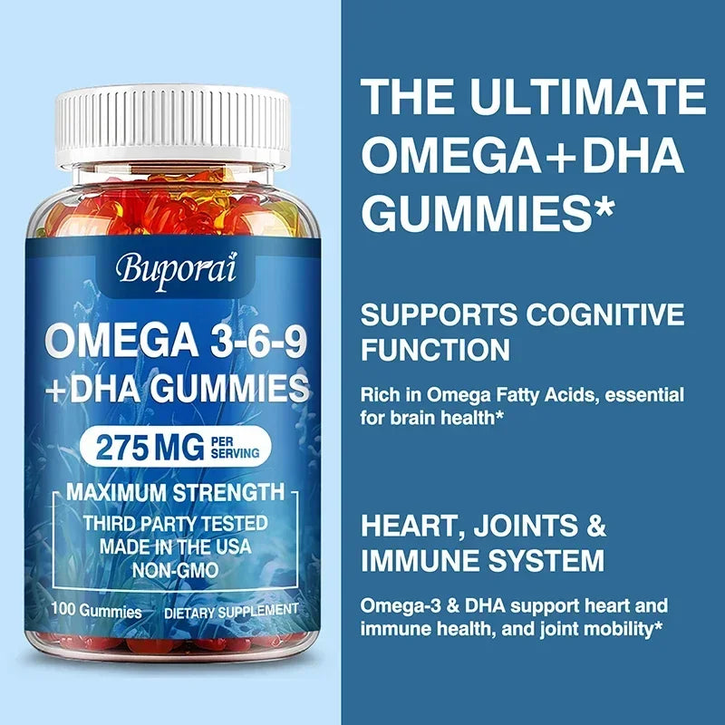 Gomitas Omega 3 6 9 + DHA - Salud Cerebral, Mejora la Concentración, la Memoria, la Circulación Sanguínea, Apoyo Ocular