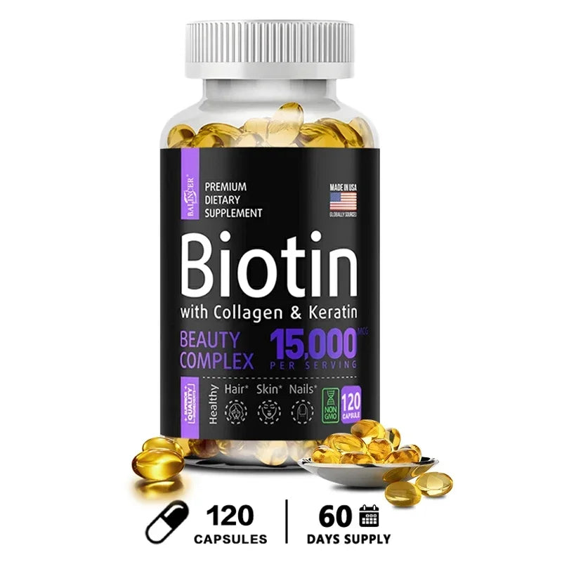 Biotin Supplement - 15,000 Mcg with Collagen and Keratin, for Hair, Skin and Nails, Joint Health
