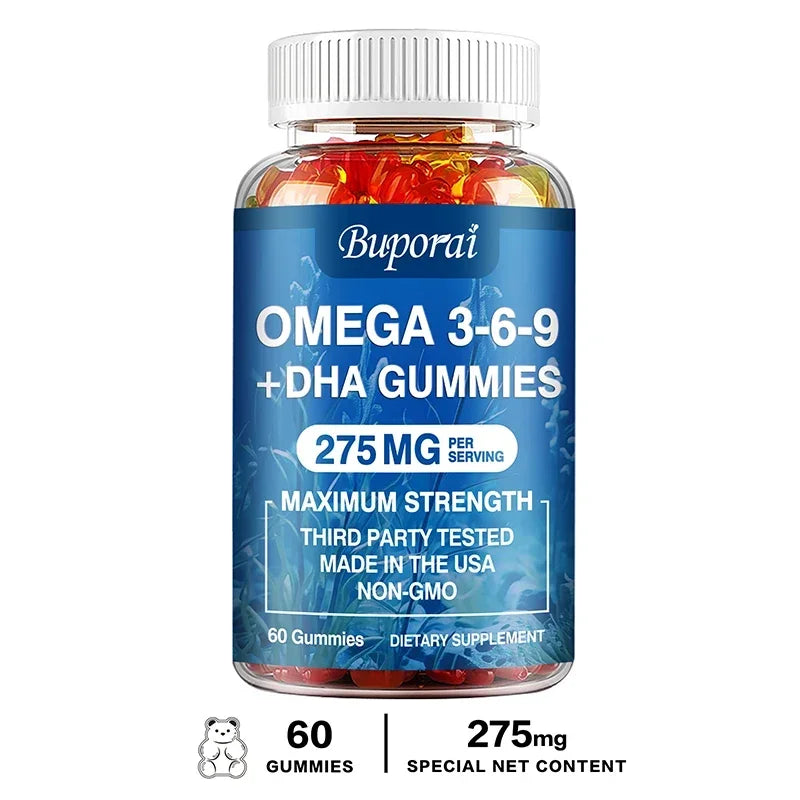 Gomitas Omega 3 6 9 + DHA - Salud Cerebral, Mejora la Concentración, la Memoria, la Circulación Sanguínea, Apoyo Ocular