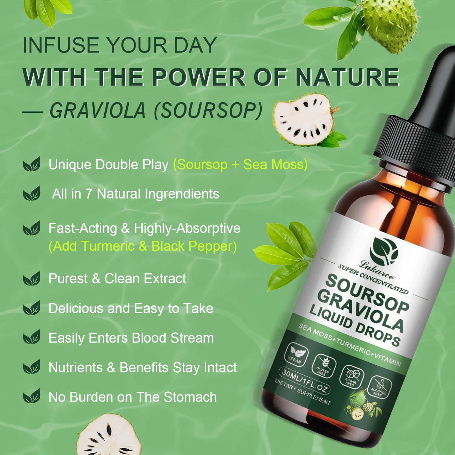 Gotas de extracto de guanábana Graviola que apoyan la inmunidad y la digestión, la salud del metabolismo, la desintoxicación y la antioxidación, sin gluten, 30 ml