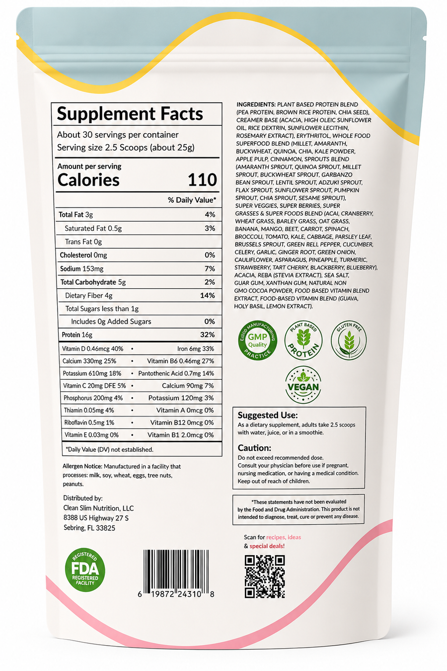 Clean Slim Nutrition Protein Powder - Plant-based protein made with clean ingredients, 30 servings