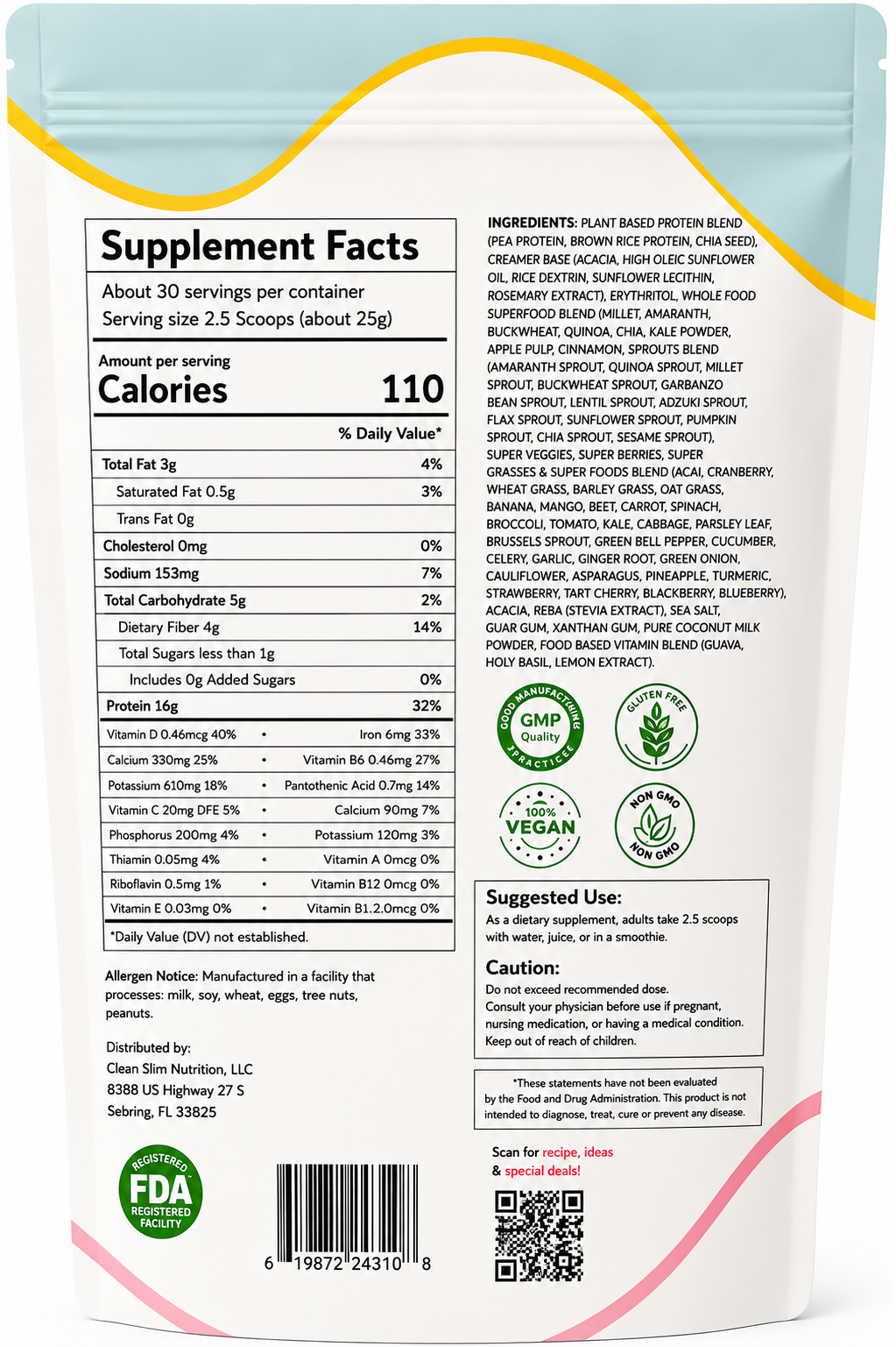 Clean Slim Nutrition Protein Powder - Plant-based protein made with clean ingredients, 30 servings