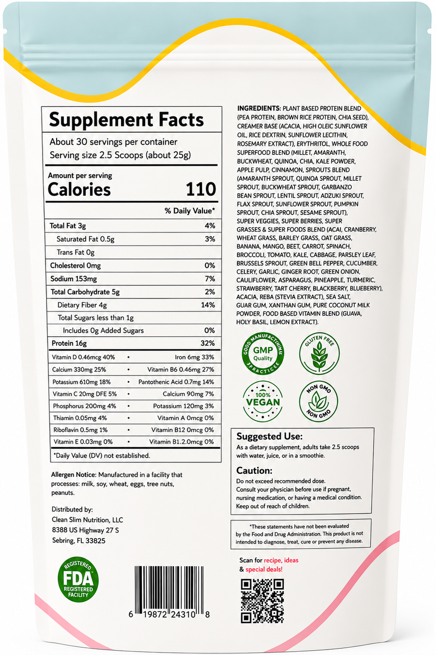 Clean Slim Nutrition Protein Powder - Plant-based protein made with clean ingredients, 30 servings