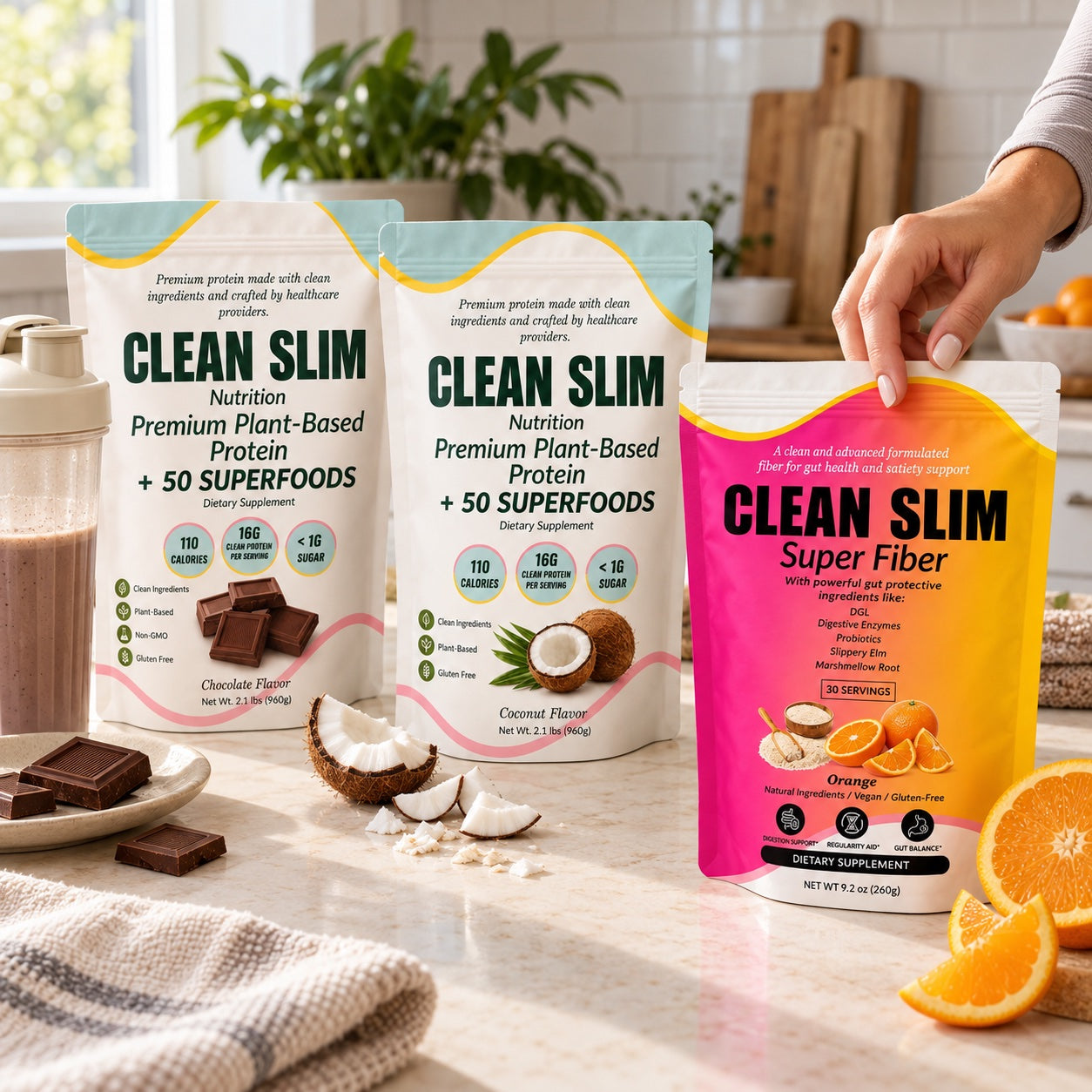 Clean Slim protein and Super Fiber bags on a kitchen counter
